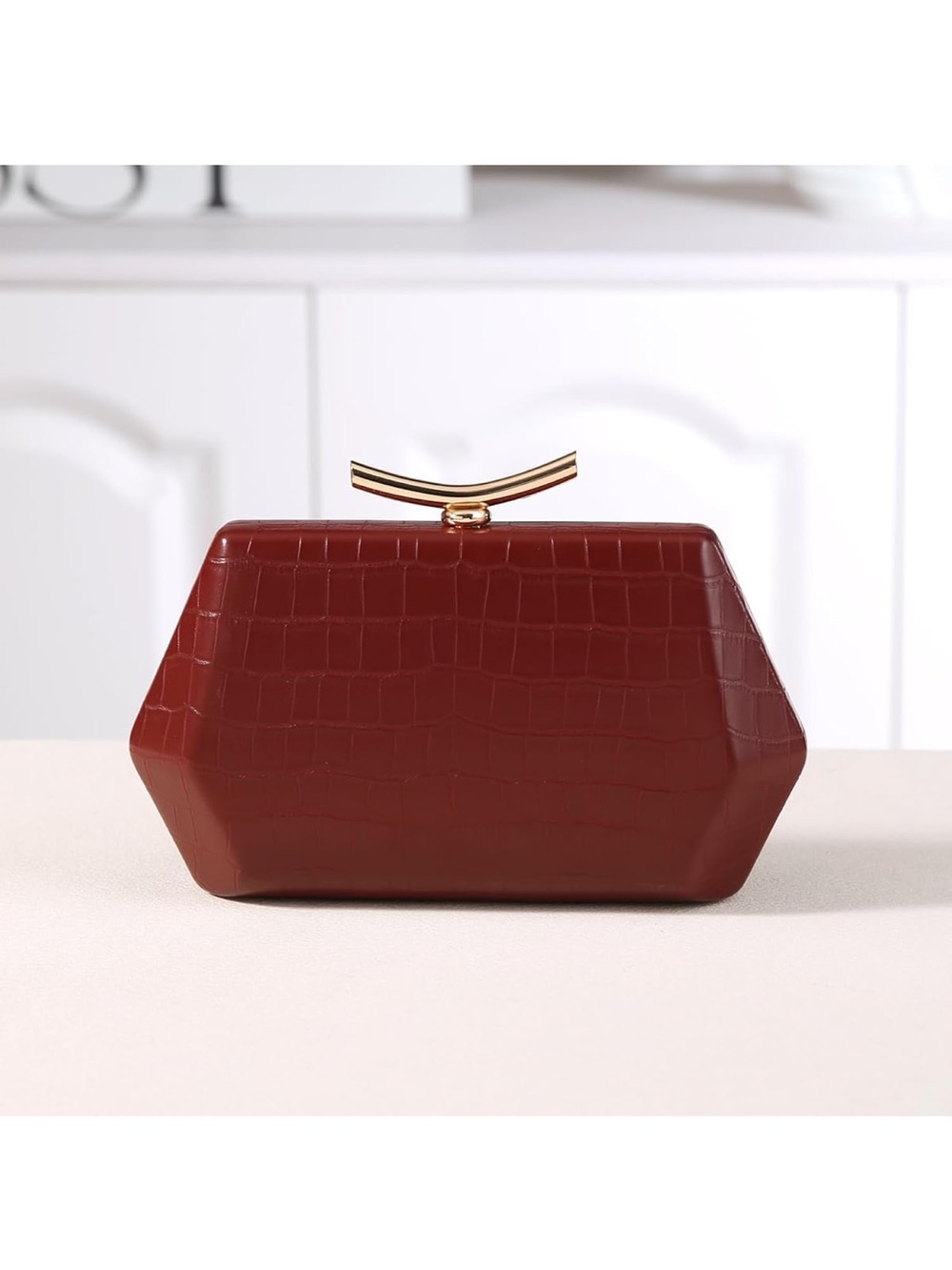 Burgundy Croc Embossed Evening Clutch Bag Gold Handle Elegant Frame Purse Fifi’s - Picture 3 of 4